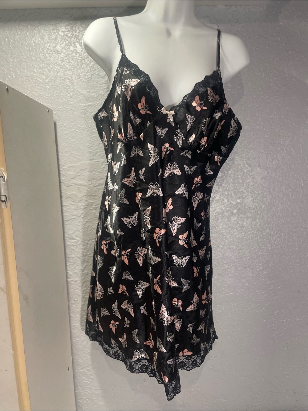Apt. 9 Black Satin Slip Dress with Pink & White Butterfly Motif